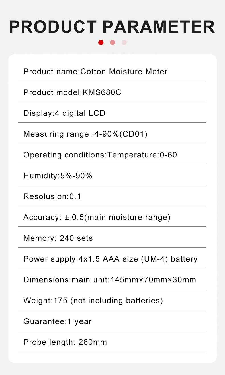 Cotton & Textile Moisture Meter with Memory – KMS680C Cotton & Textile Moisture Meter with Memory – KMS680C – detailed specification image