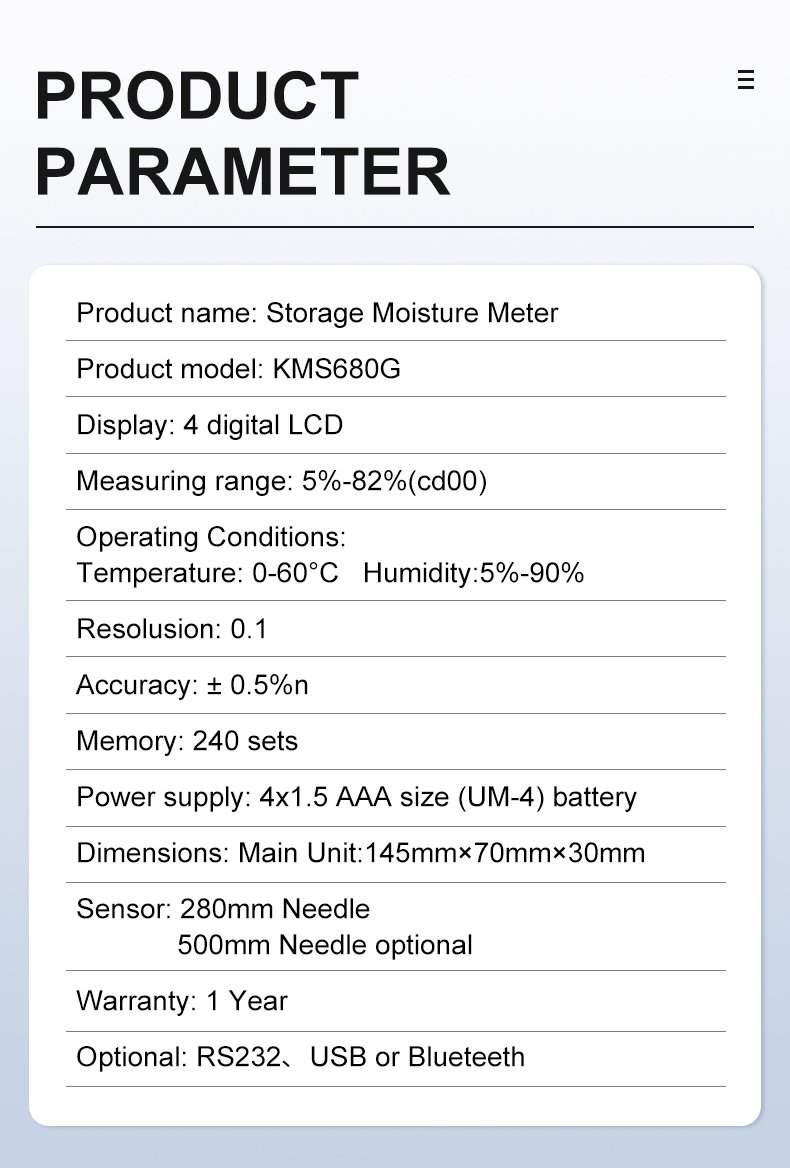 Grain Moisture Meter with Memory Storage – KMS680G – detailed specification image