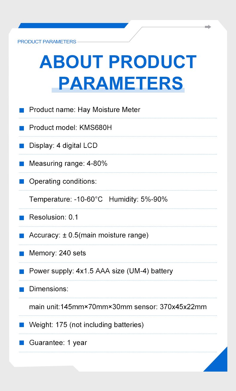 Hay & Straw Bale Moisture Meter with Memory, Deep Probe – KMS680H-D – detailed specification image