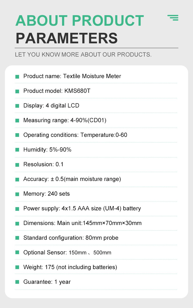 Textile Moisture Meter with Memory – KMS680T – detailed specification image