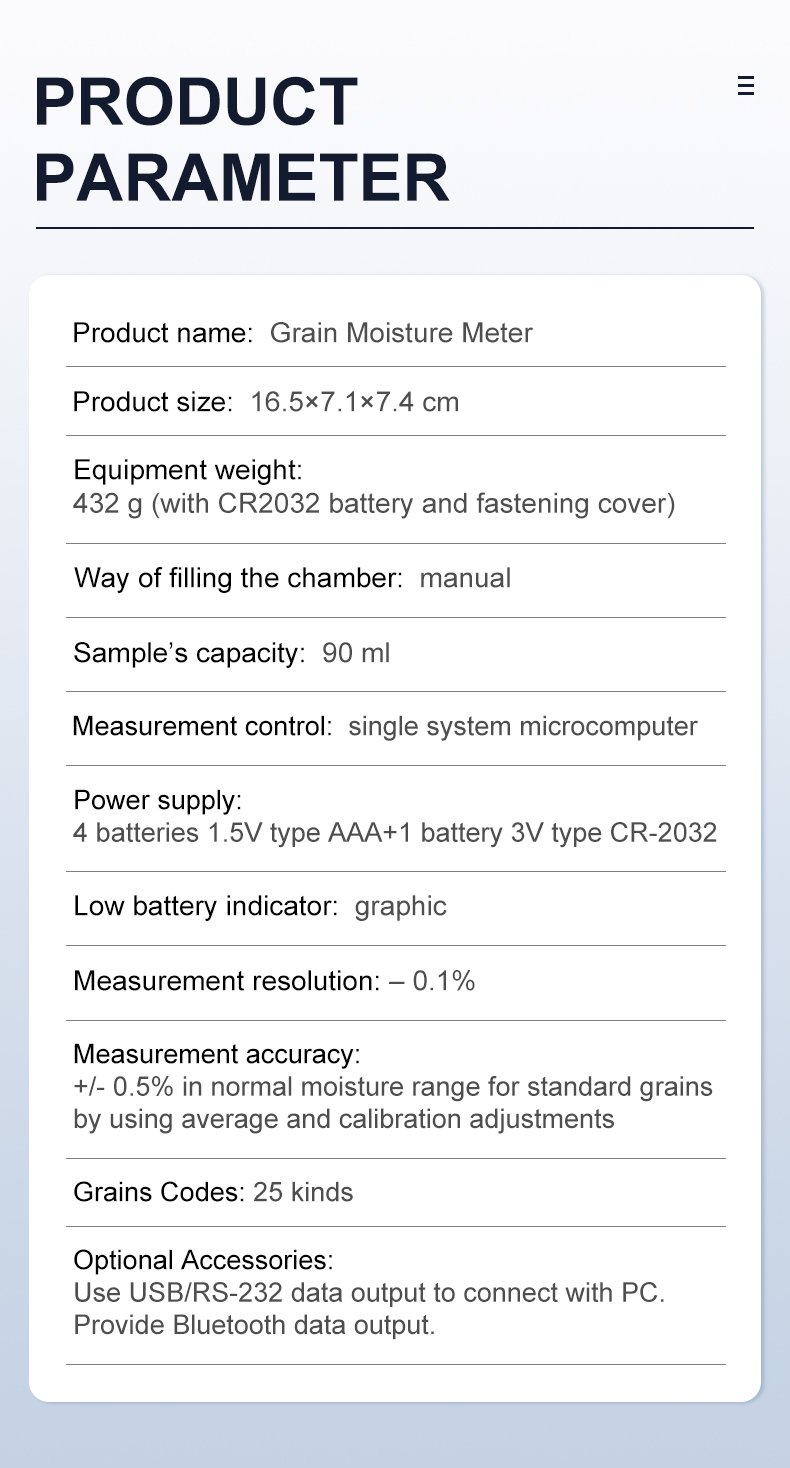 Smart Storage Grain Moisture Meter – MG-Pro – detailed specification image