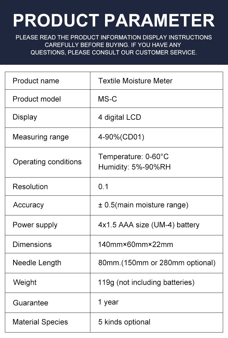 Textile Moisture Meter for Garment & Wool – MS-C Textile Moisture Meter for Garment & Wool – MS-C – detailed specification image