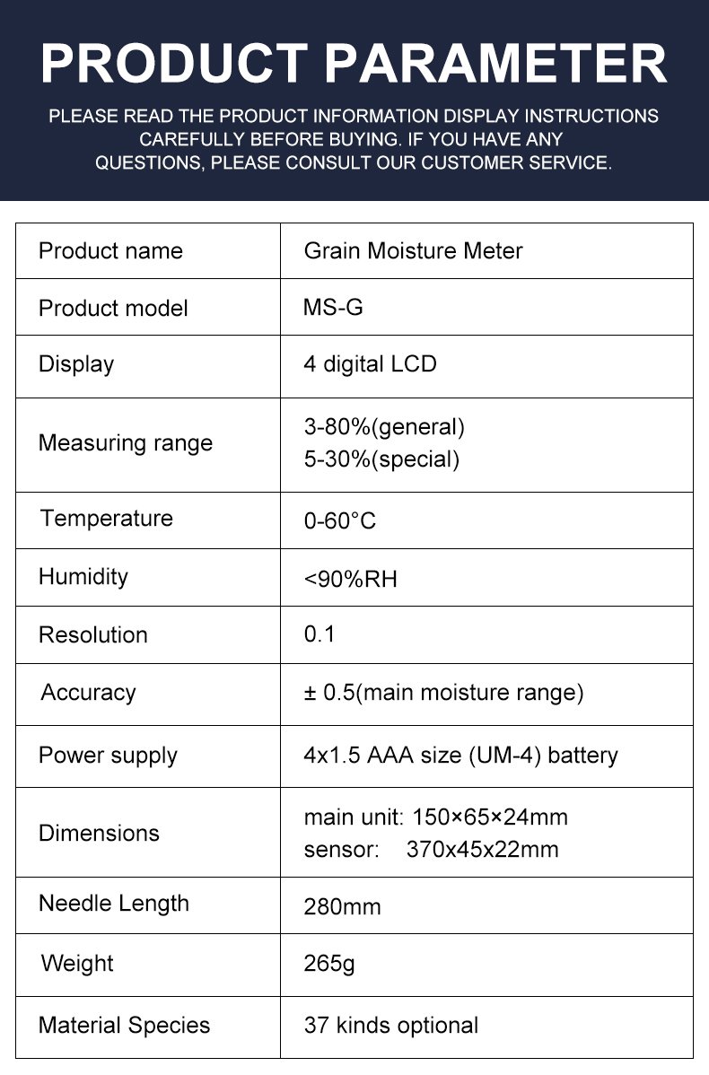 Grain Moisture Meter with 36 Crop Codes – MS-G – detailed specification image