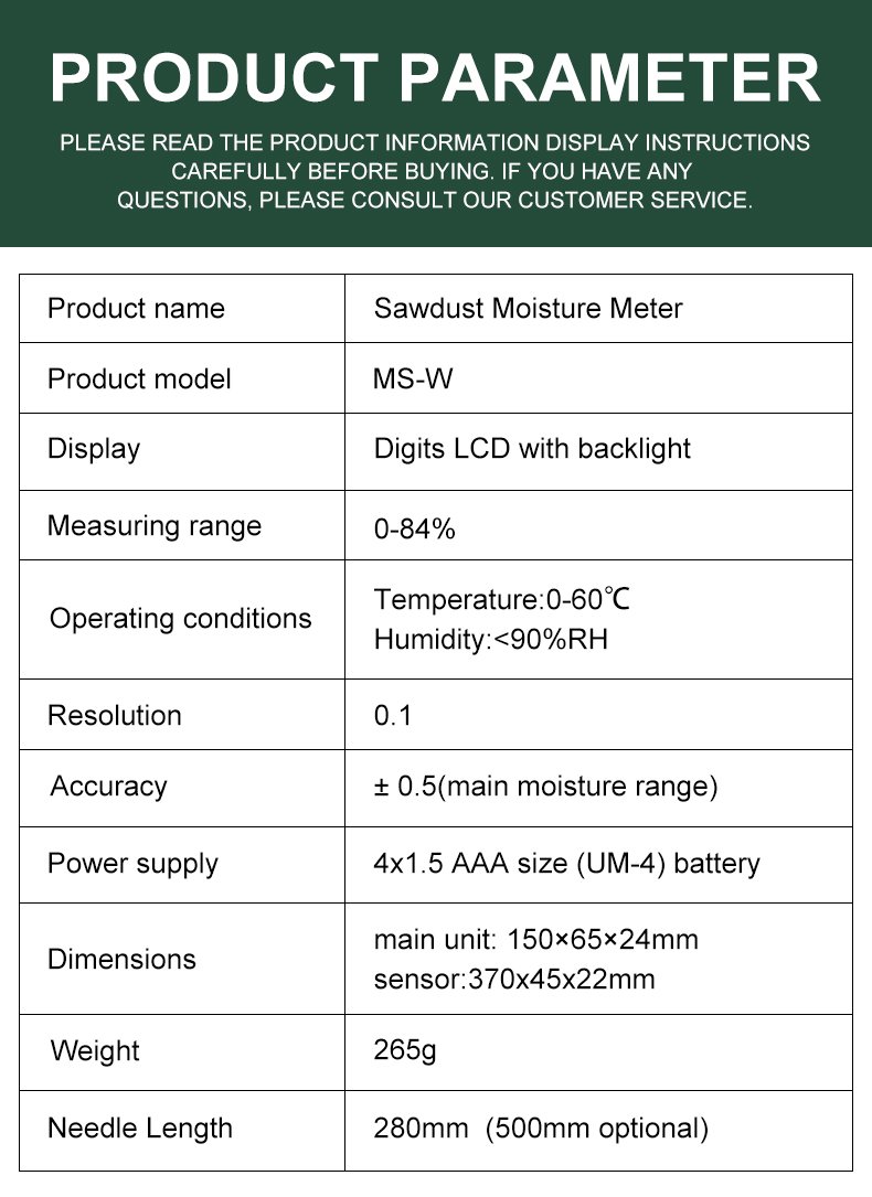 Sawdust & Wood Moisture Meter, Separate Probe – MS-W – detailed specification image
