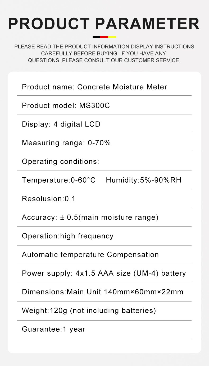 Concrete Moisture Meter, Non-Invasive – MS300C – detailed specification image