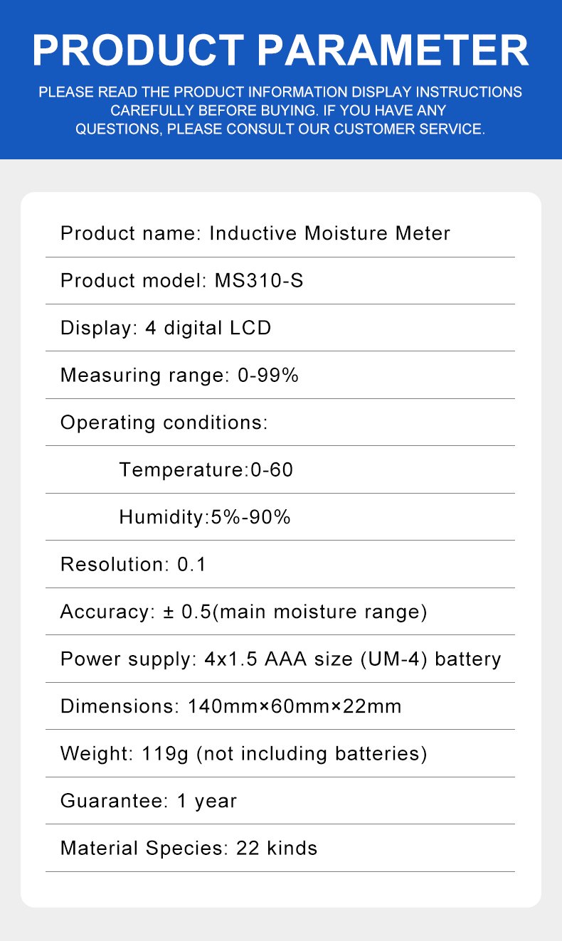 Inductive Moisture Meter with Split Probe – MS310-S – detailed specification image