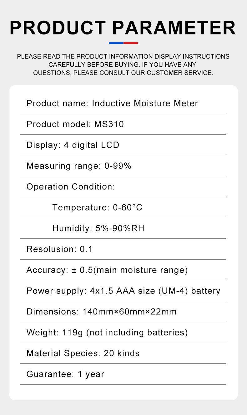 Inductive Moisture Meter, 20 Material Codes – MS310 – detailed specification image