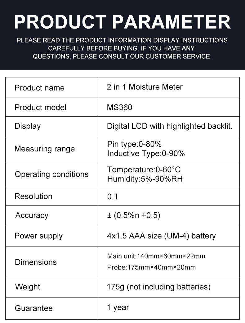 2-in-1 Pin & Inductive Moisture Meter – MS360 – detailed specification image