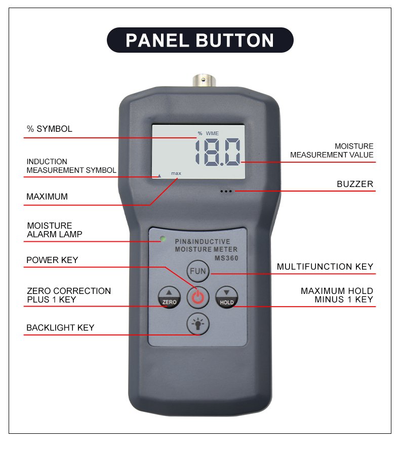 2-in-1 Pin & Inductive Moisture Meter – MS360 – detailed specification image