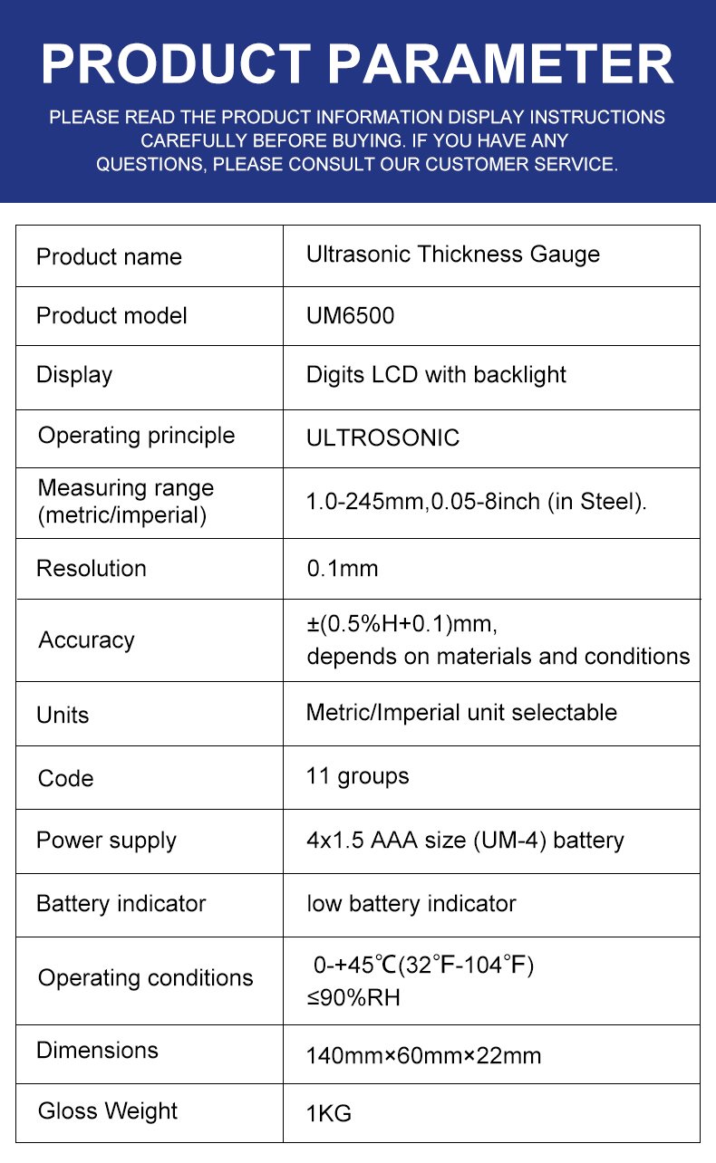Ultrasonic Thickness Gauge, 1–200mm Range – UM6500 – detailed specification image