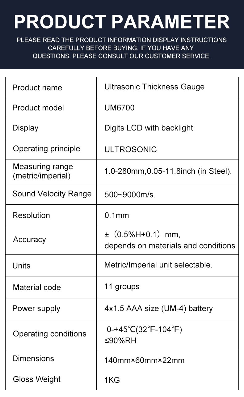 Ultrasonic Thickness Gauge, 1–280mm Range – UM6700 – detailed specification image