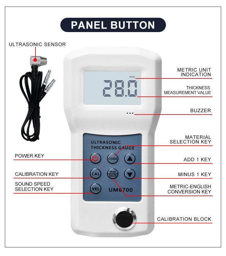 Ultrasonic Thickness Gauge, 1–280mm Range – UM6700 – detailed specification image