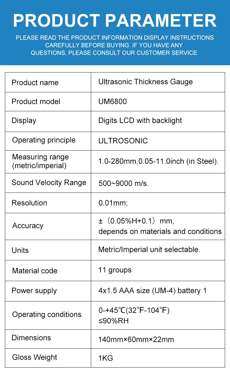 Ultrasonic Thickness Gauge, 0.01mm Precision – UM6800 – detailed specification image